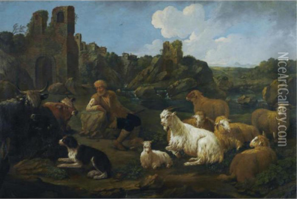 A Landscape With A Herder, Cattle, Sheep And A Dog In The Foreground Oil Painting - Jakob Roos