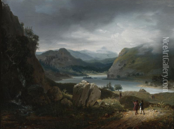 A View Of Loch Lomond, Scotland, With Figures On A Path In The Foreground Oil Painting - Jean Bruno Gassies
