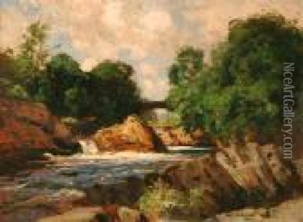Landscape With Bridge Across A River Oil Painting - Thomas E. Mostyn