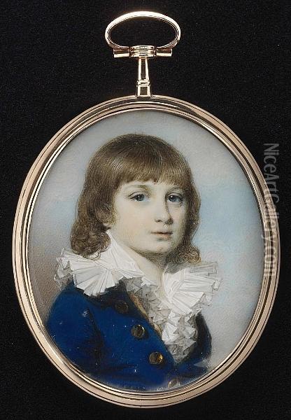 A Boy, Wearing Royal Blue Coat With Large Brass Buttons, Cream Waistcoat And White Chemise With Frilled Wide Collar. Oil Painting - George Engleheart