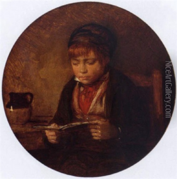 A Boy Reading Oil Painting - William Hemsley