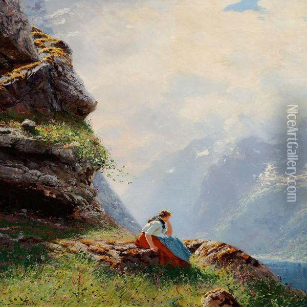 Norwegian Peasantgirl On A Mountain Slope With A View Over A Fiord Oil Painting - Hans Dahl