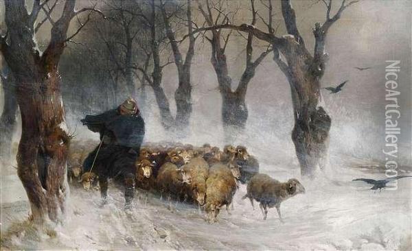 Flock Of Sheep In A Wintry Landscape At Snowstorm. Oil Painting - Ernst Adolf Meissner