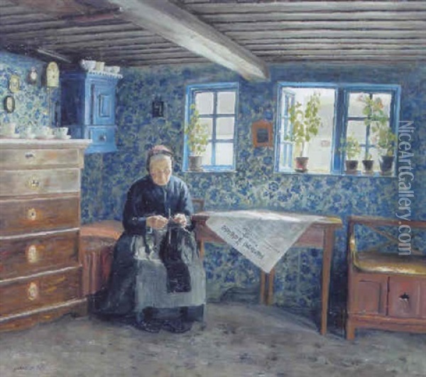 Interior Med Kone, Der Strikker Oil Painting - Soren Christiansen