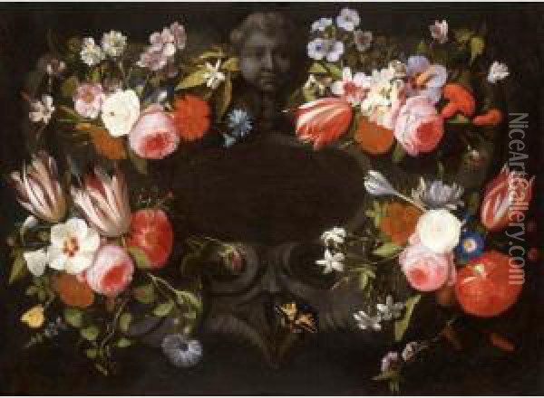 Bouquets Of Mixed Flowers Decorating A Feigned Stone Cartouche, With Butterflies Oil Painting - Caspar Pieter I Verbrugghen
