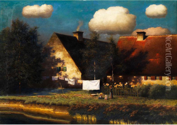 Gehoft Unter Wolken Imspatsommerlicht Oil Painting - Paul-Wilhelm Keller-Reutlingen
