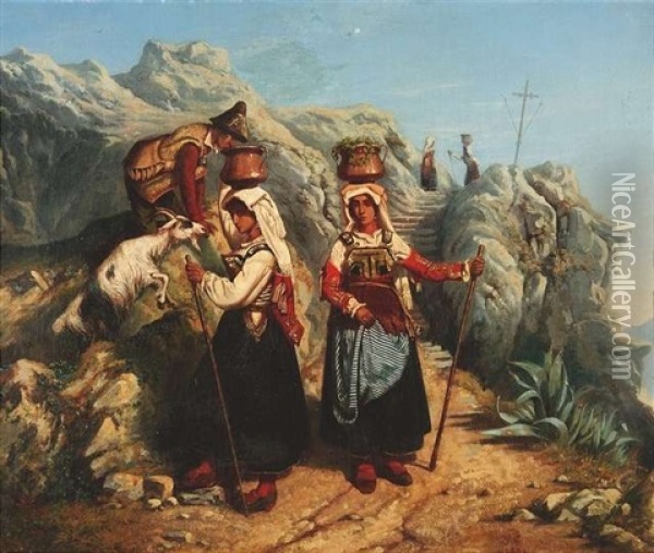 Ziegenhirte Mit Zwei Italienischen Bauernmadchen Auf Einem Gebirgspass Oil Painting - Leopold-Louis Robert