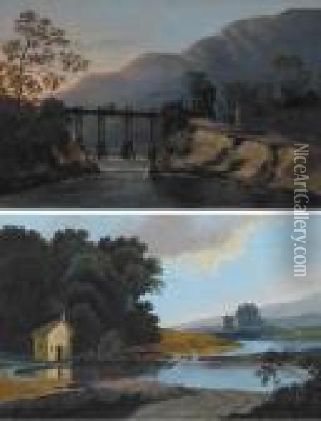 Travellers On A Wooden Bridge 
Across A Rivergorge And Cottage And Figures By A River Bend (a Pair) Oil Painting - Thomas Walmsley