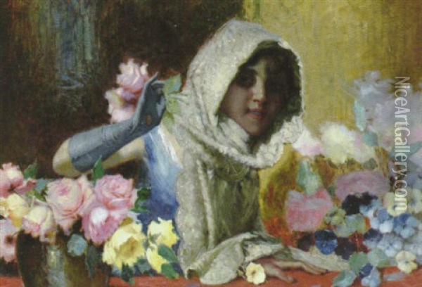 Sydlandsk Kvinna Med Blommor Oil Painting - Giovanni Gaetano Galeazzi