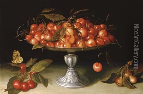 Cherries In A Silver Compote With Crabapples On A Stone Ledge And A Fritillary Butterfly Oil Painting - Fede Galizia