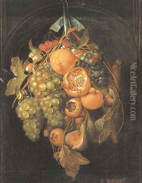 Oranges, grapes, cherries, a fig and other fruit hanging in a niche Oil Painting - Cornelis De Heem