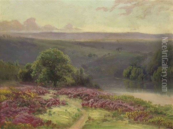 A River Running Through A Valley At Dusk Oil Painting - Gaston Anglade