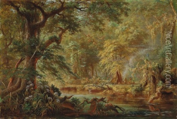 Brazilian Indian Camp Beside A River In The Rainforest Oil Painting - Johann Adolf Hoeffler