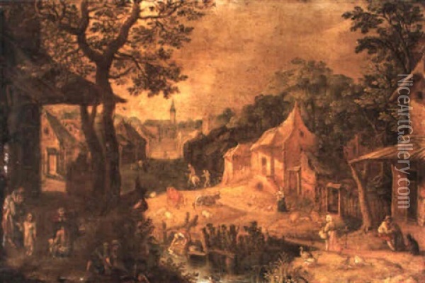 A Village Street Scene With Figures And Animals By A Stream Oil Painting - Abraham Govaerts