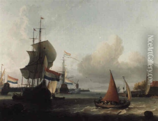 A Smalschip Under Full Sail And Men-of-war At Anchor In A Dutch Harbour Oil Painting - Ludolf Backhuysen the Elder