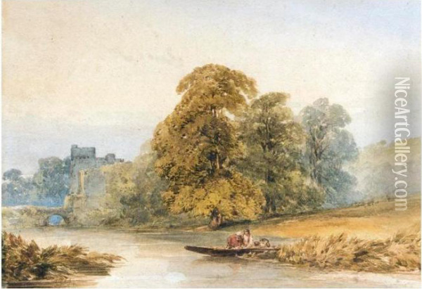 Fishermen On A River Near A Bridge By A Ruined Castle Oil Painting - William Callow