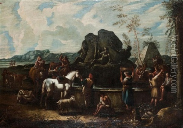 Cavaliers Et Paysans, A La Fontaine De Neptune Oil Painting - Pieter Mulier the Younger