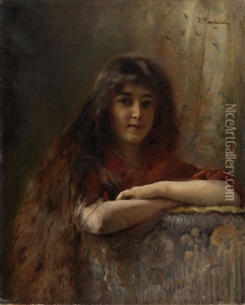 Portrait Of A Young Girl Oil Painting - Konstantin Egorovich Makovsky