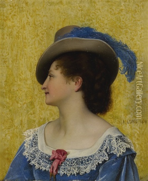 The Blue Feather Oil Painting - Adolphe Alexandre Lesrel