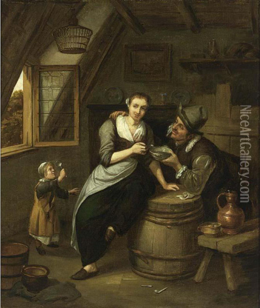 An Interior Scene With A Couple Eating Soup And A Child Near An Open Window Oil Painting - Hendrik De Valk