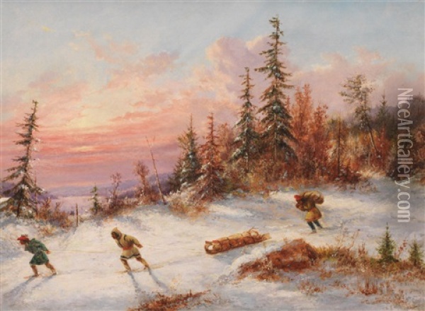 Indian Hunters Crossing A Winter Clearing At Sunset Oil Painting - Cornelius David Krieghoff