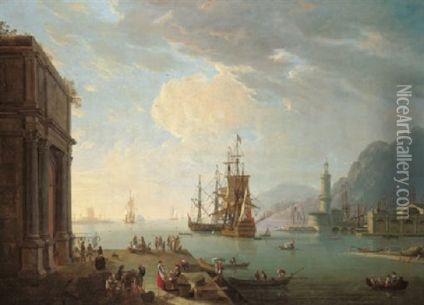 A Mediterranean Seaport, With A Triumphal Arch, Figures On The Quay, A British Man-o'war And Other Shipping Oil Painting - Thomas Patch