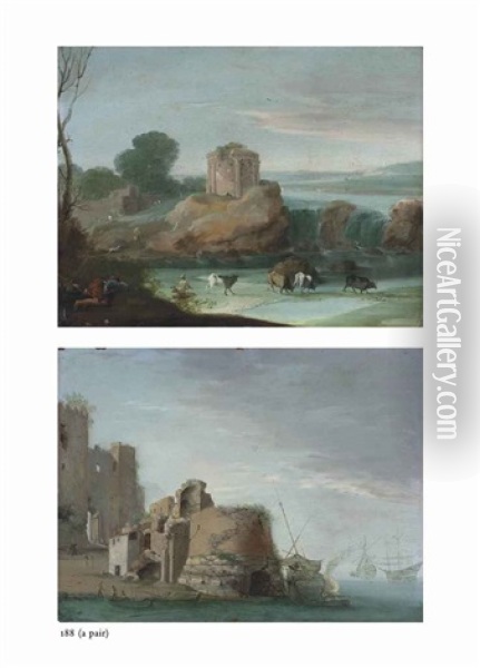 An Italianate Landscape With A Round, Blind Colonade Temple, Drovers With Their Cattle By Cascades And A Coastal Capriccio With A Ruined Tower (pair) Oil Painting - Goffredo Wals