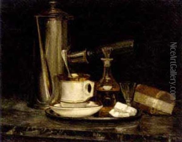 Still Life Of A Decanter, Coffee-cup And Coffee-pot On A Marble Ledge Oil Painting - Emile Stahl