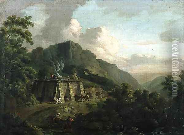 Wooded Landscape, with Workers and Horses Working a Lime Kiln Oil Painting - Thomas Smith of Derby
