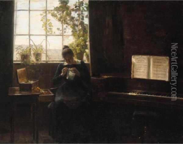 Ung Kvinde Der Syr (a Young Lady Sewing Beside A Piano) Oil Painting - Carl Vilhelm Holsoe