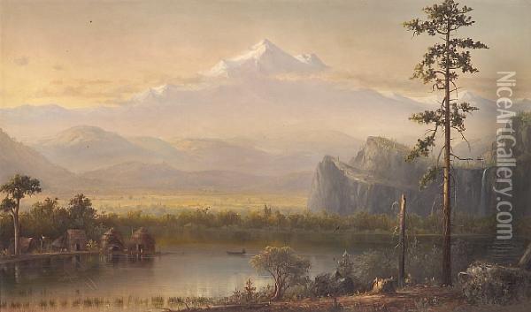 A Village By The Water With Snowcapped Peaks Beyond Oil Painting - Norton Bush