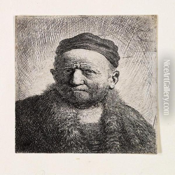 Man Wearing A Close Cap (presumably The Artist'sfather) Oil Painting - Rembrandt Van Rijn