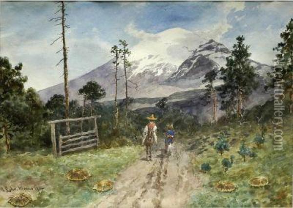 Vista Del Popocatepetl Y Campesinos En Vereda. Oil Painting - August Lohr