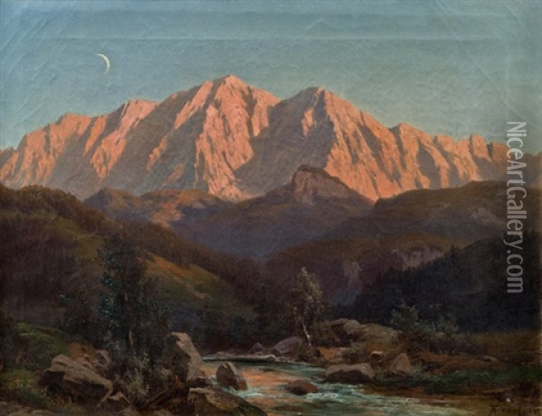 Blick Auf Die Zugspitze Vom Einfluss Der Ammer In Den Ammersee Oil Painting - Alois Kirnig