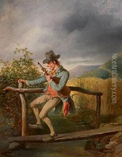 Betrunkener Violinist Bei Der Uberquerung Einesholzstegs Uber Einen Bach. Ol/holz, Parkettiert. U. L. Sign Oil Painting - Franz Josef Gruber