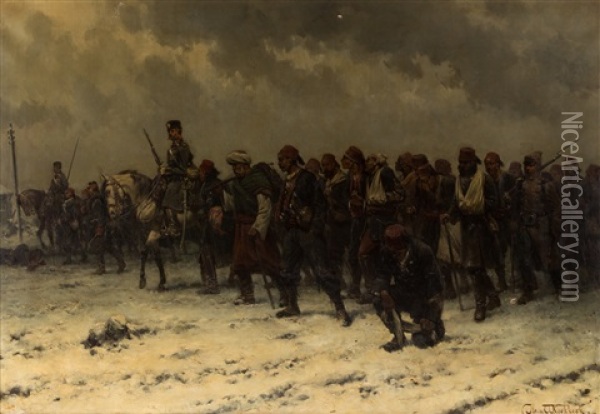 Russian Cavalry And Infantry Escorting Ottoman Prisoners Oil Painting - Hermanus Willem Koekkoek