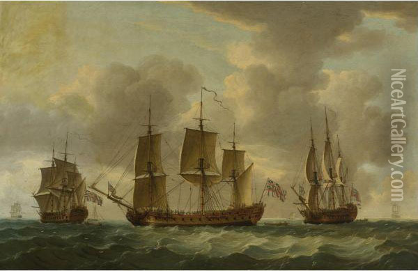 The Frigate H.m.s. Pallas In Three Positions Oil Painting - John the Younger Cleveley