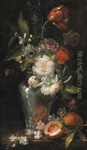 Red and white roses, tulips, anenomes, blossom and other flowers in a glass vase with peaches on a table Oil Painting - Ludovico Stern