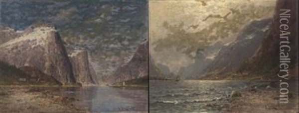 Fjord View (+ Another, Similar; Pair) Oil Painting - Johann Jungblut
