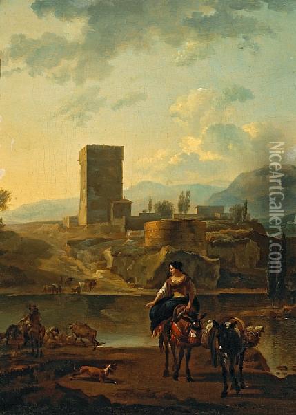A River Landscape With A Woman Riding A Donkey And Other Figures And Animals By The Bank Oil Painting - Nicolaes Berchem