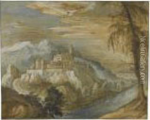 Mountainous River Landscape With A Fortified Town Oil Painting - Joos De Momper