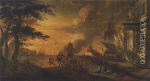 Une Caravane Dans Un Port De Fantaisie Oil Painting - Hendrich van Minderhout