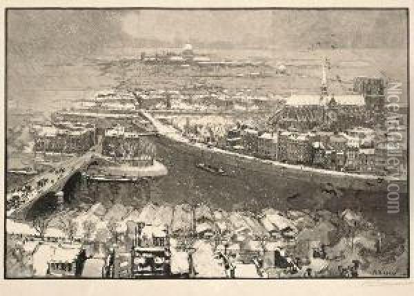 Paris Sous La Neige, Vu Du Haut De Saint-gervais. Planche Pour Le Monde Illustre. 1890. Oil Painting - Auguste Lepere
