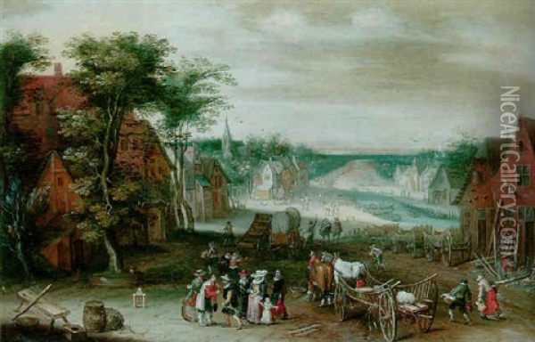 A Village By A River, With Peasants, Townsfolk And Wagons Oil Painting - Jan Brueghel the Elder