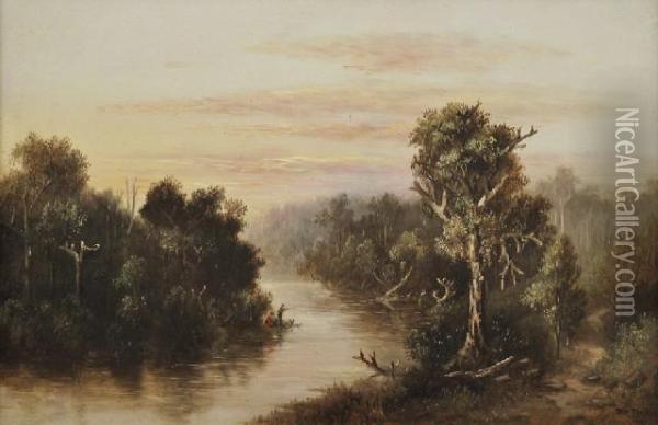 Senior River Scene With Fisherman Oil Painting - William Wackenbath Short