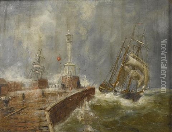 A Barquentine Making Maryport Harbour In A Gale Oil Painting - William Mitchell