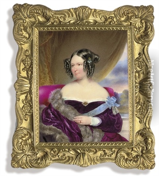A Lady Called Baroness Von Wacquant-geozelles, In Purple Velvet Dress With White Lace Trim... Oil Painting - Moritz Michael Daffinger