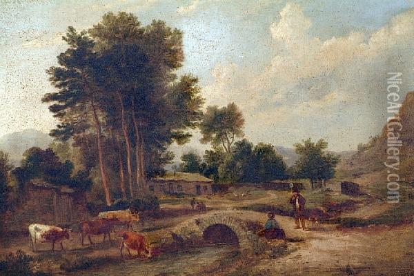 Country Scene With Cattle And Figures Oil Painting - Edward Charles Williams