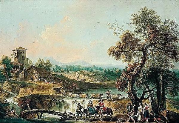 A river landscape with elegant travellers and other figures by a wooden bridge Oil Painting - Giovanni Battista Tiepolo