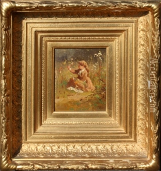 Seated Girl Picking Flowers Oil Painting - Thomas Hill